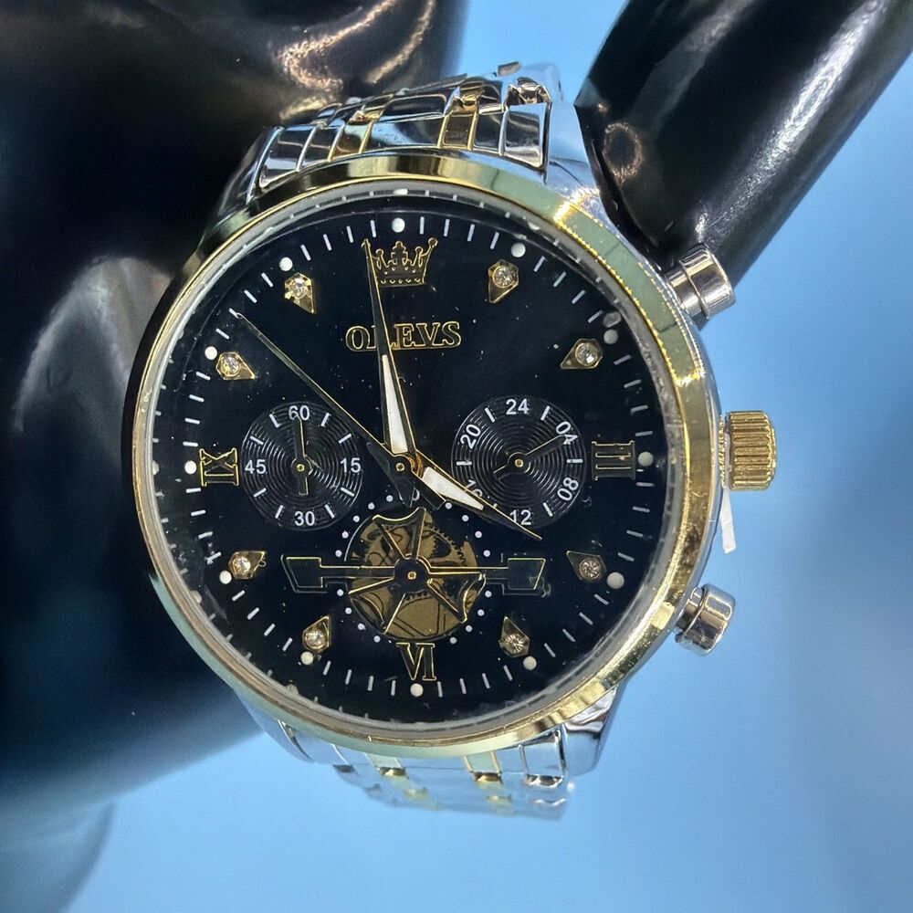 OLEVS Mens Watch Chronograph 35mm Black Face And Silver And Gold Band